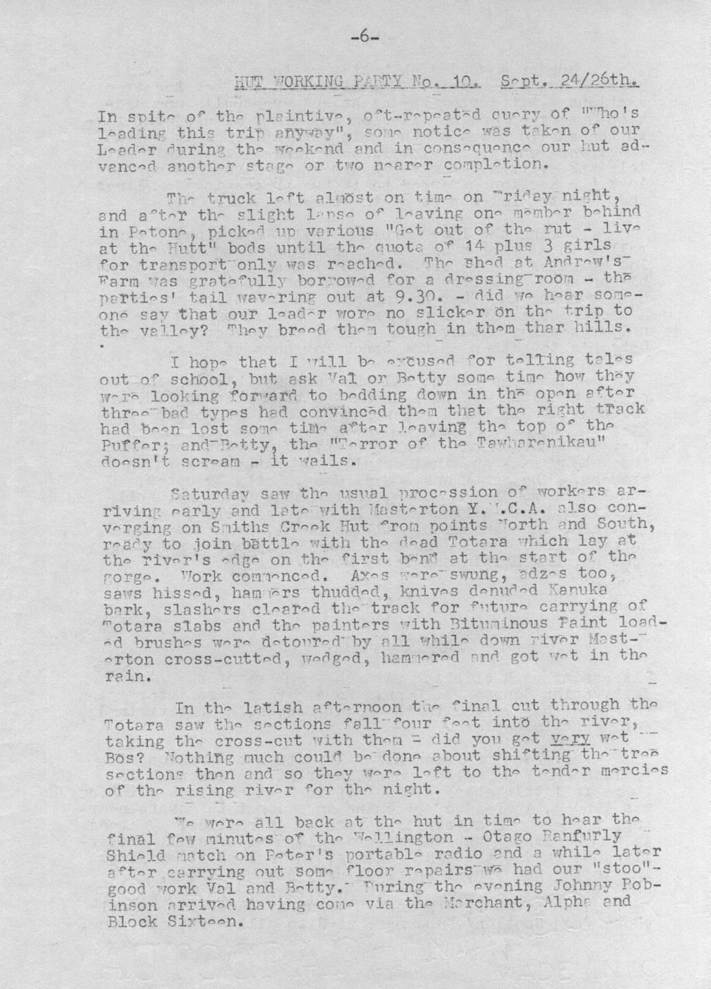 Scanned journal page 1 of 2: Hut Working Party No. 10