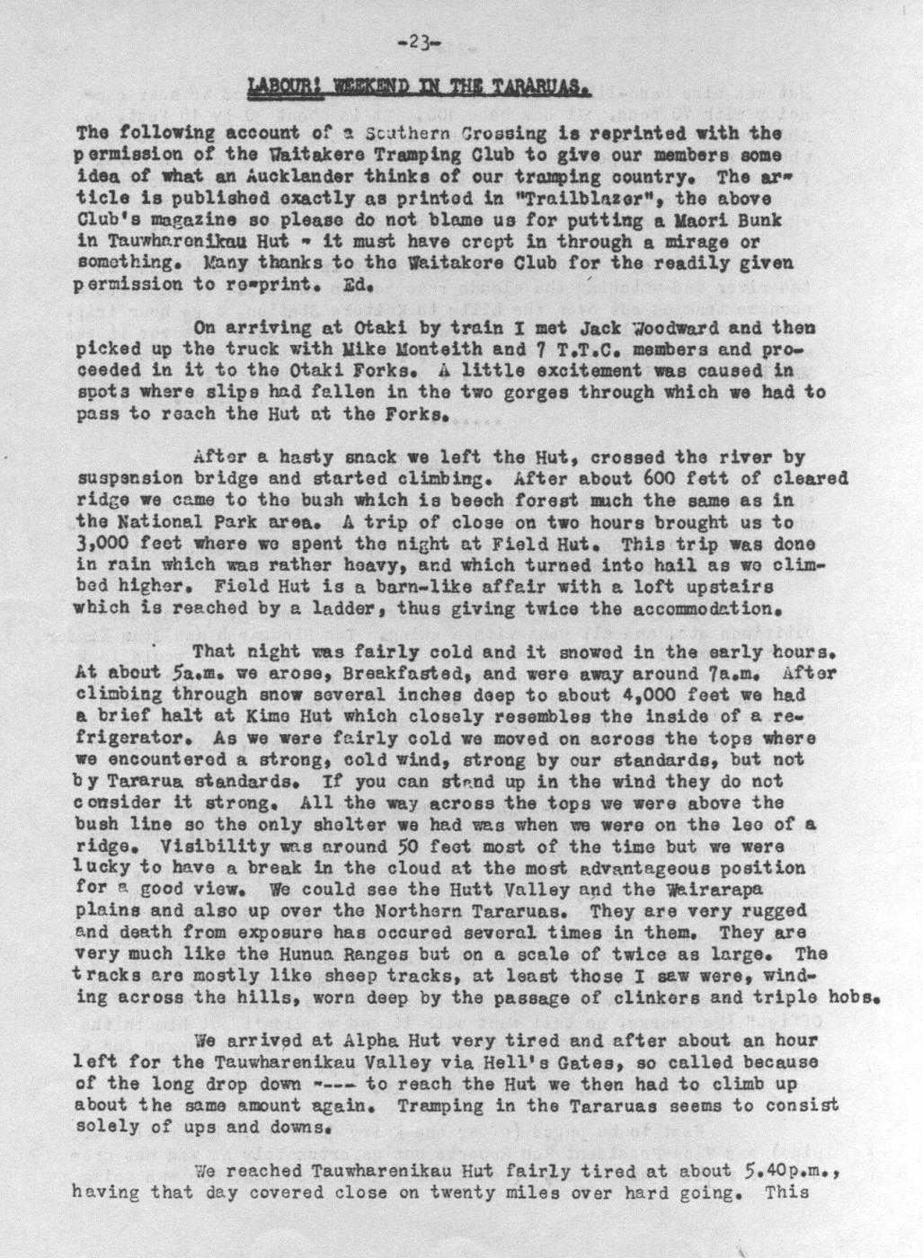 Scanned journal page 1 of 2: Labour Weekend in the Tararuas