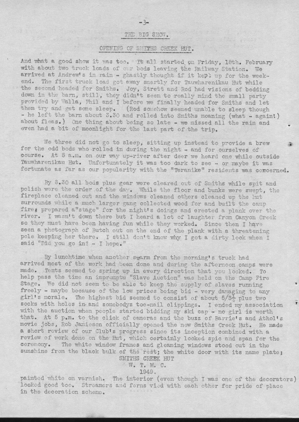 Scanned journal page 1 of 5: Opening of Smiths Creek Hut