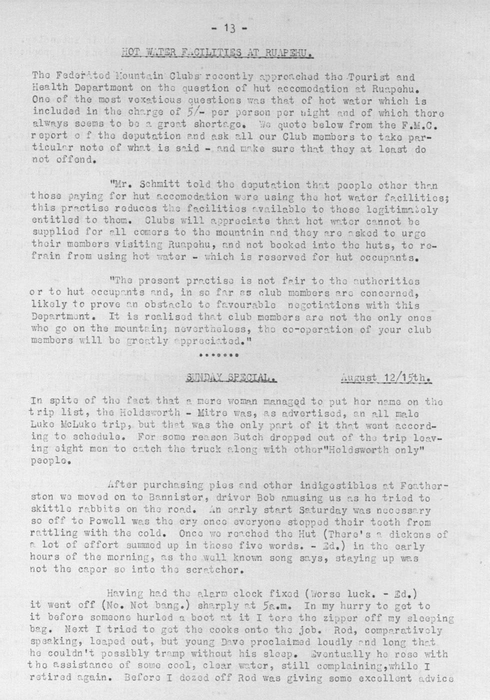 Scanned journal page 1 of 4: Sunday Special (Powell Hut to Mitre Flats, Tararua Crossing)