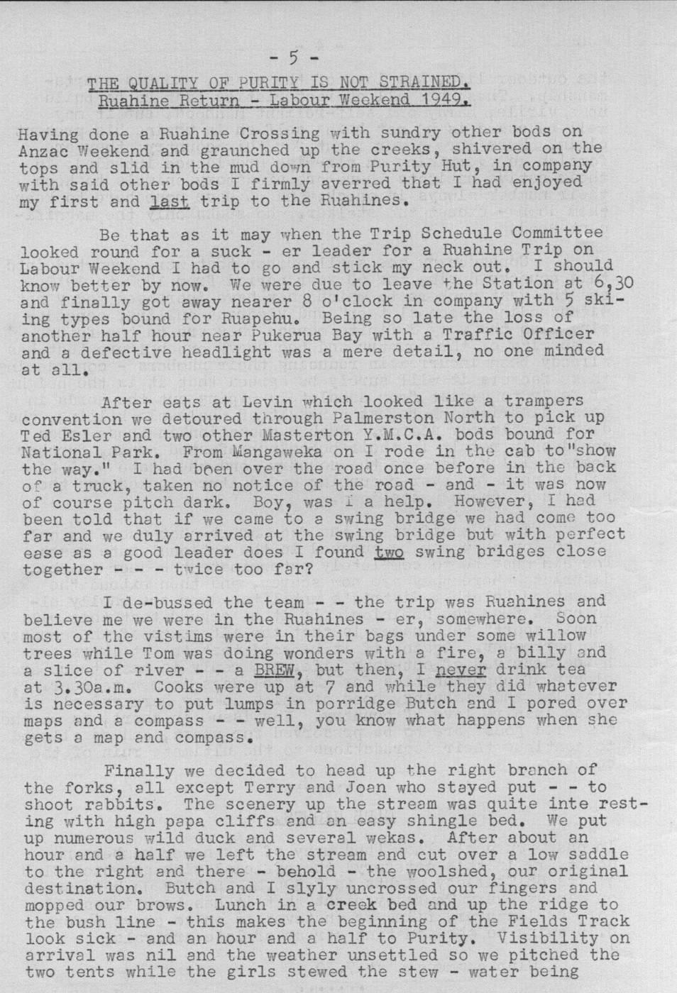 Scanned journal page 1 of 3: Ruahine Return - Labour Weekend 1949
