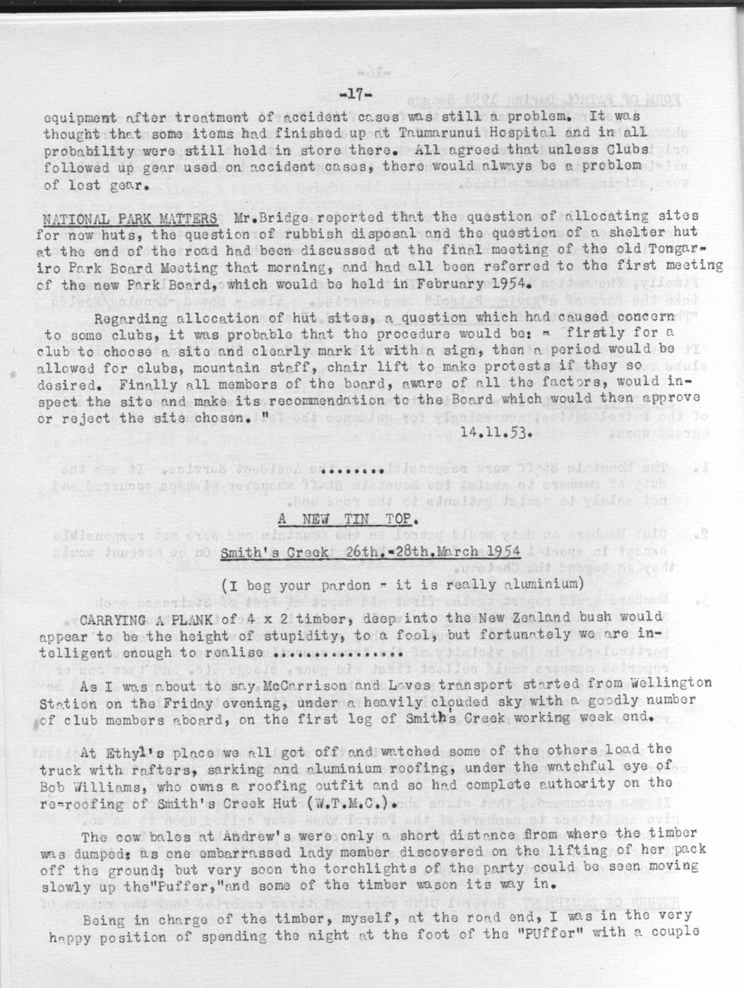 Scanned journal page 1 of 3: A New Tin Top (Smith's Creek hut, 26th-28th March 1954)