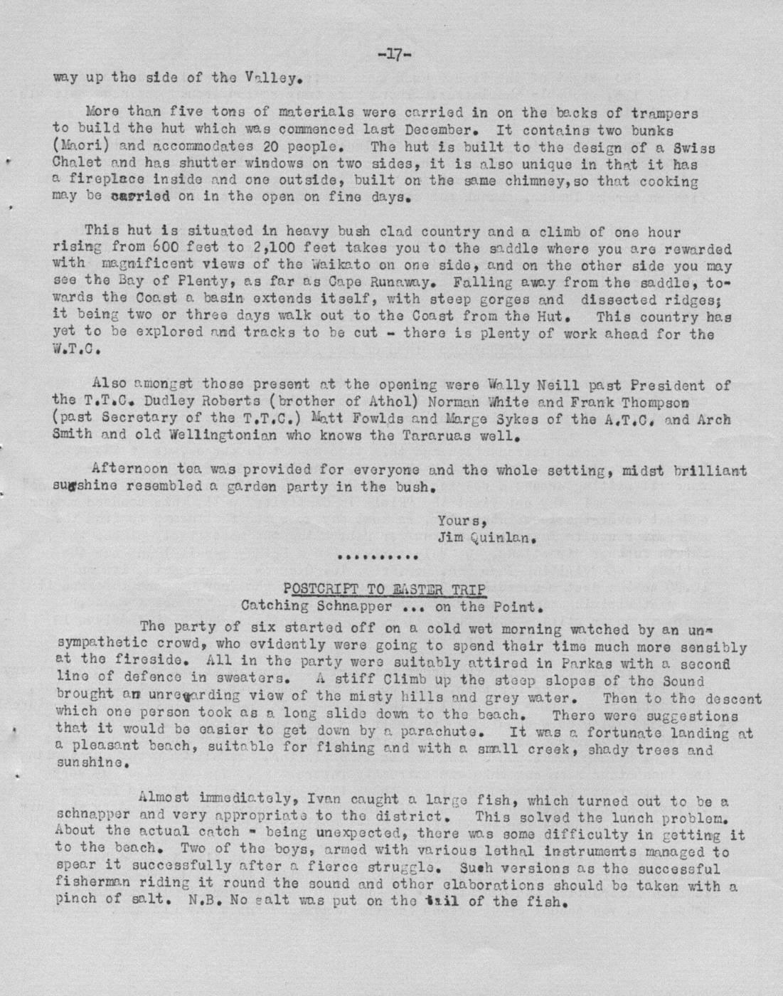 Scanned journal page 1 of 2: Postscript to Easter Trip - Catching Schnapper on the Point