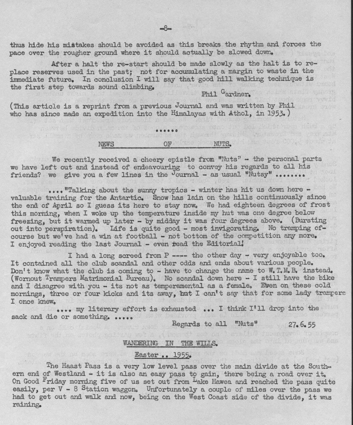 Scanned journal page 1 of 2: Wandering in the Wills (Easter 1955)