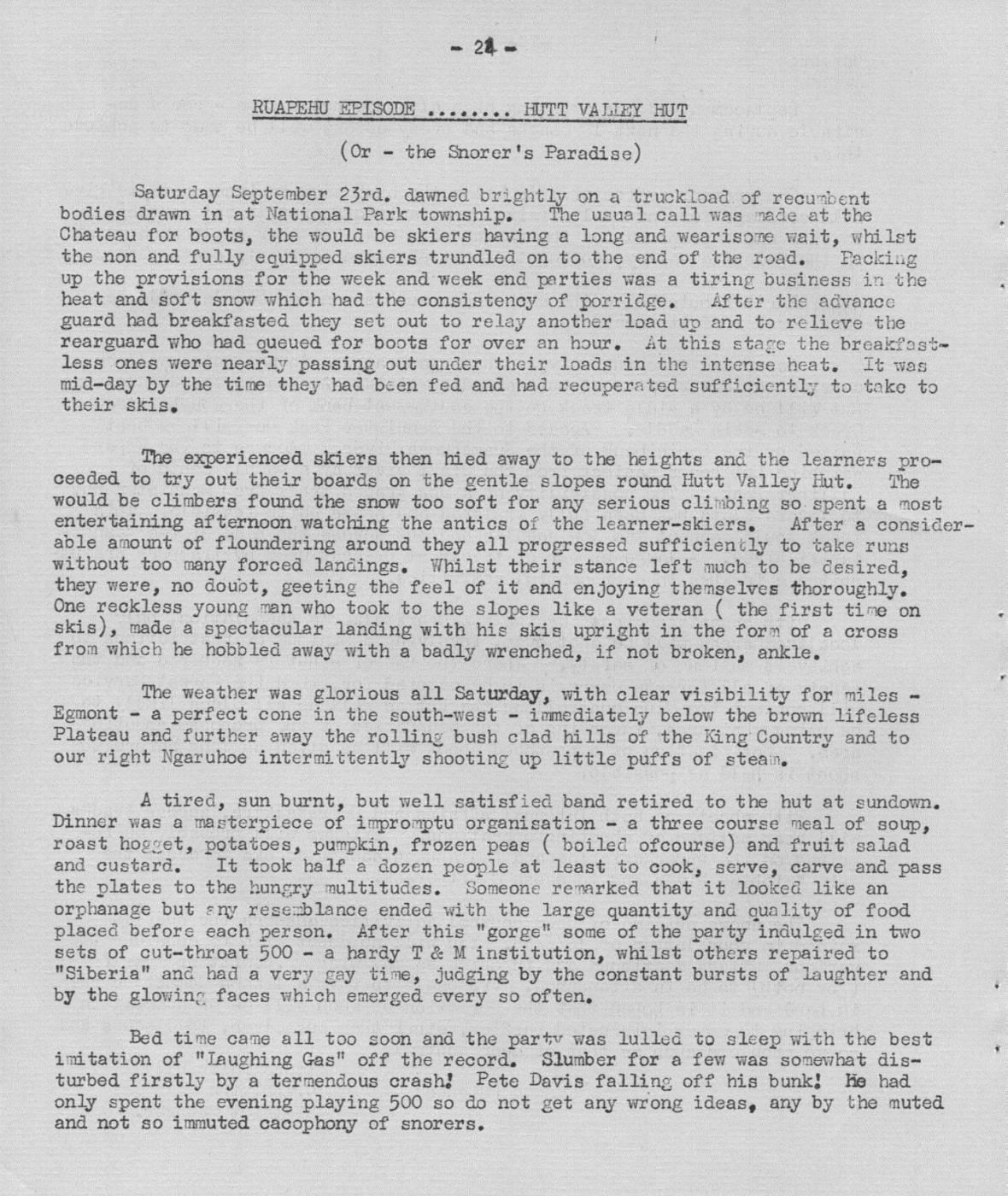 Scanned journal page 1 of 2: Ruapehu Episode: Hutt Valley Hut (The Snorer's Paradise)