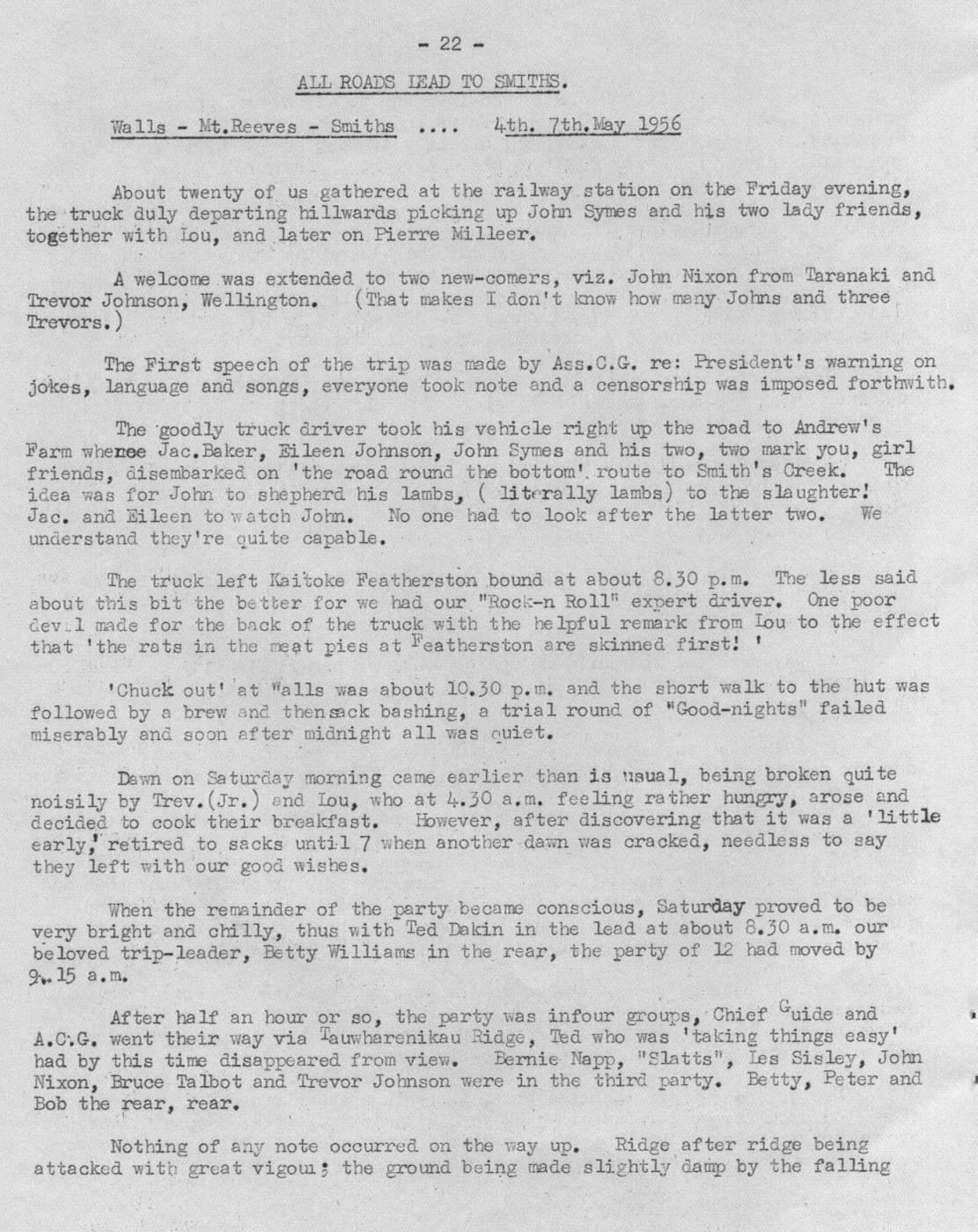 Scanned journal page 1 of 5: All Roads Lead to Smiths (Walls - Mt Reeves - Smiths, 4th-7th May 1956)