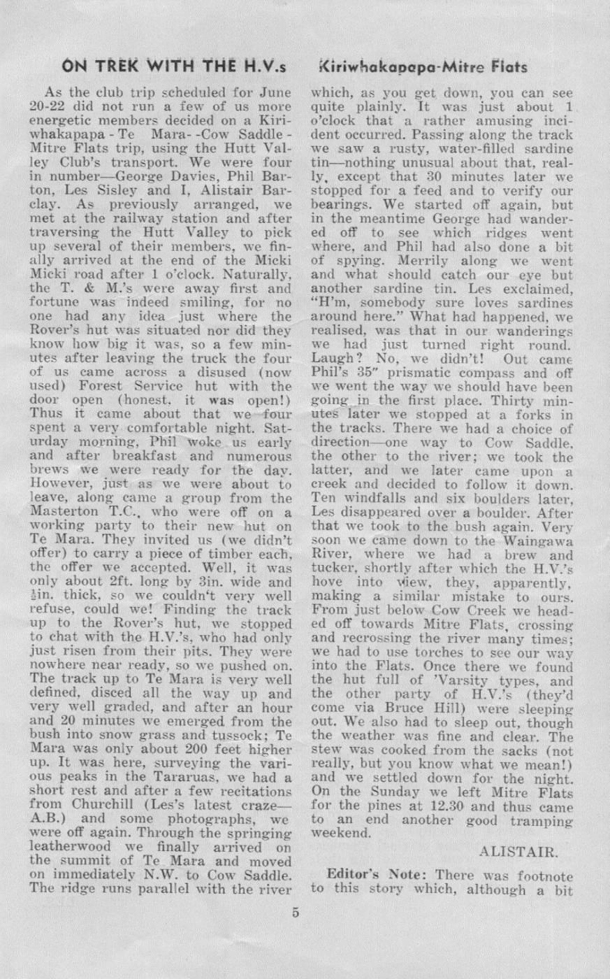 Scanned journal page 1 of 2: On Trek with the H.V.s - Kiriwhakapapa - Te Mara - Cow Saddle - Mitre Flats