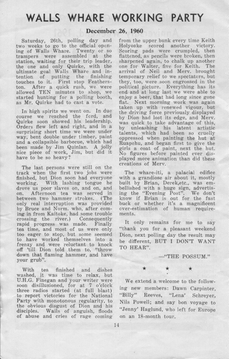 Scanned journal page 1 of 2: Walls Whare Working Party