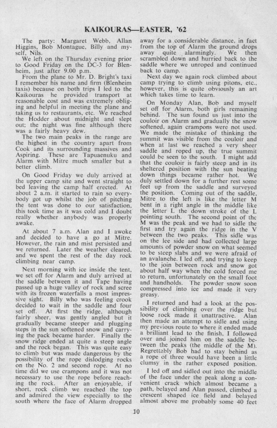 Scanned journal page 1 of 2: Kaikouras - Easter, '62
