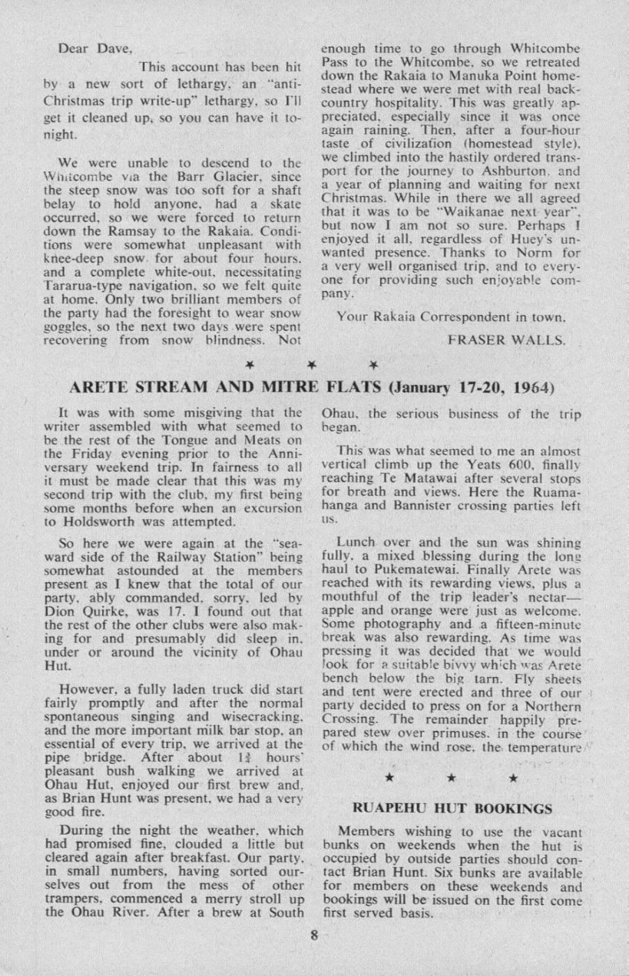 Scanned journal page 1 of 2: Arete Stream and Mitre Flats (January 17-20, 1964)