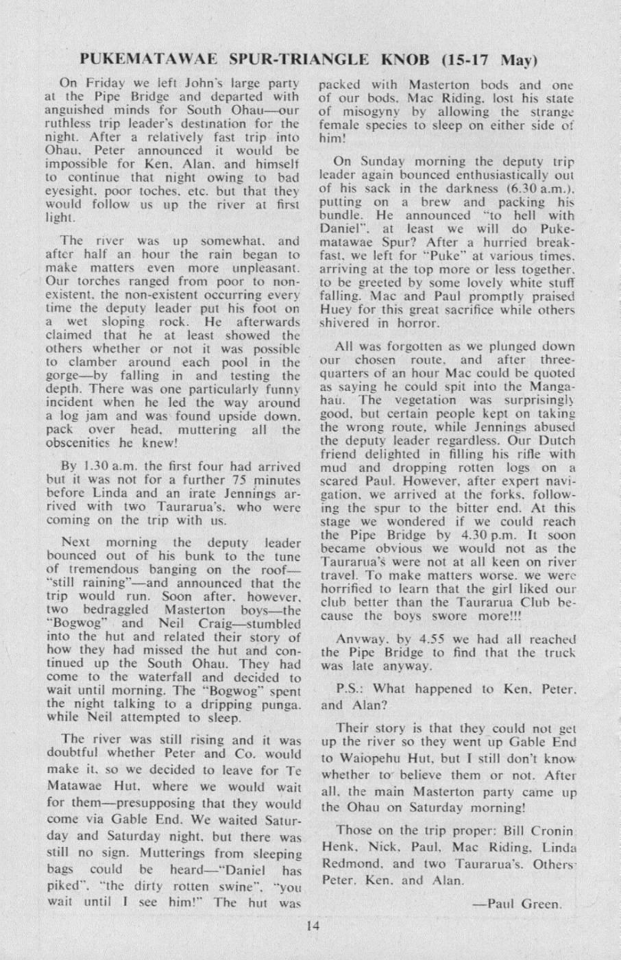 Scanned journal page 1 of 2: Pukematawae Spur - Triangle Knob (15-17 May)