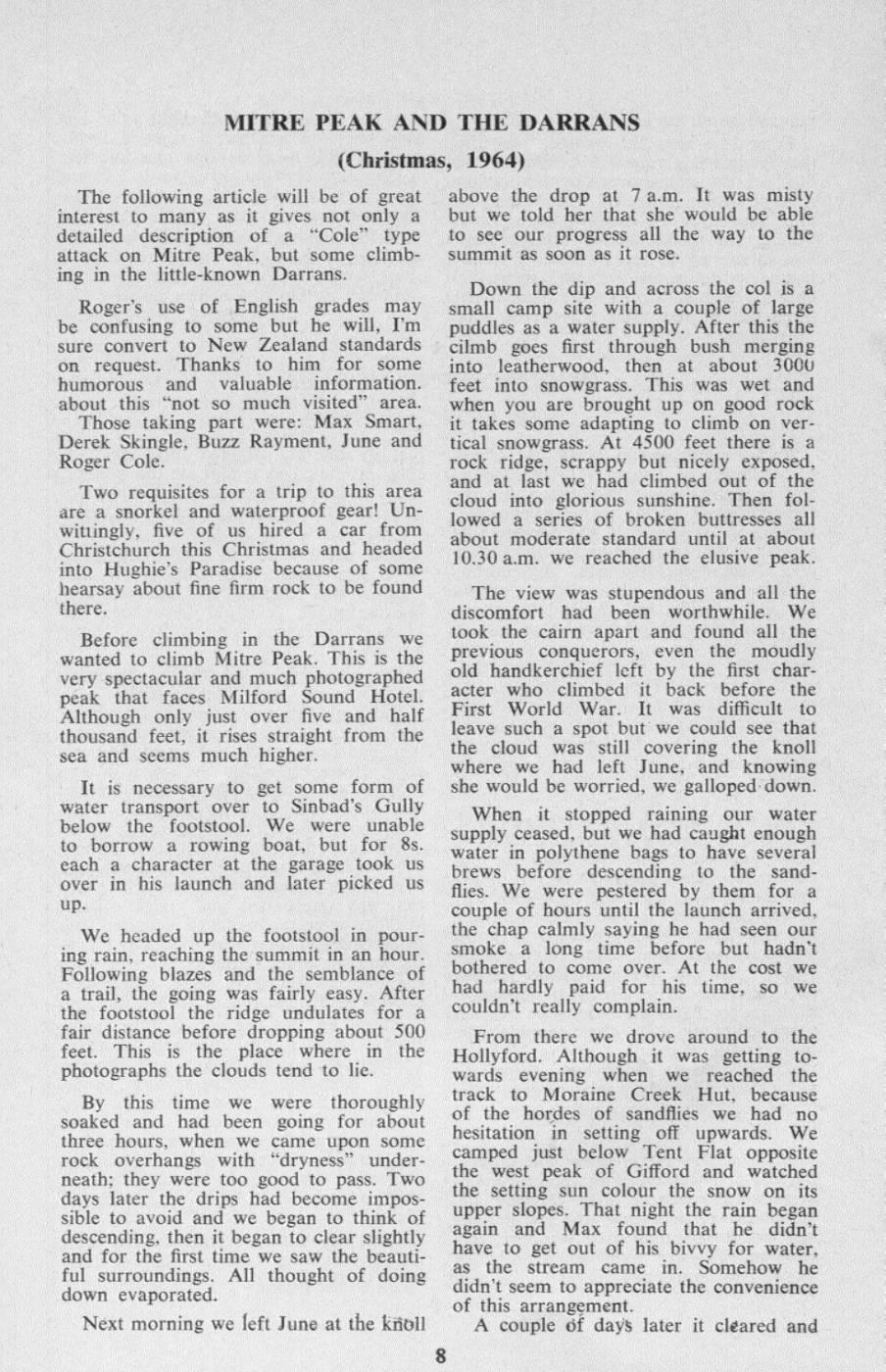 Scanned journal page 1 of 2: Mitre Peak and the Darrans (Christmas, 1964)