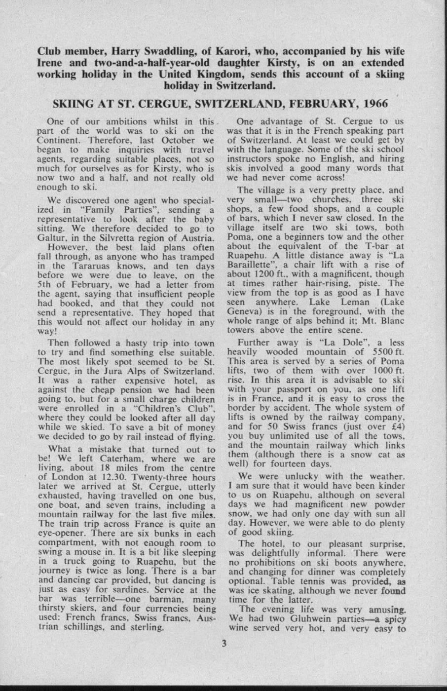 Scanned journal page 1 of 2: Skiing at St. Cergue, Switzerland, February 1966