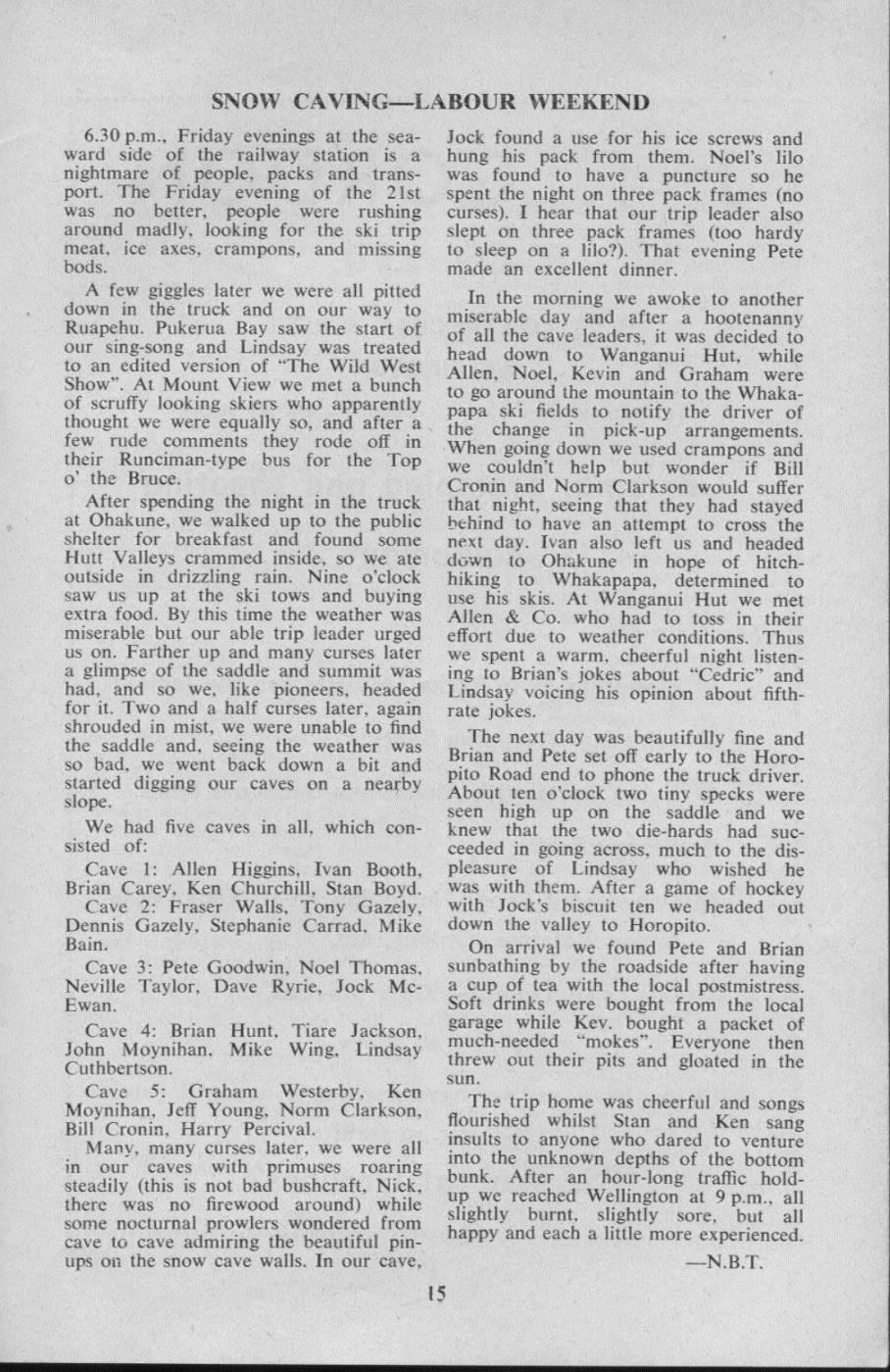 Scanned journal page 1 of 1: Snow Caving - Labour Weekend