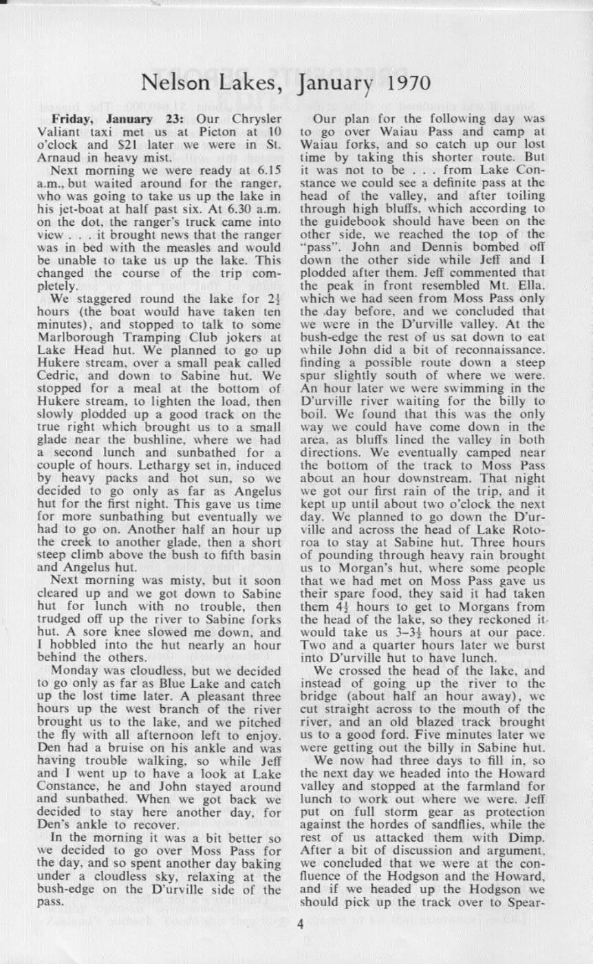 Scanned journal page 1 of 3: Nelson Lakes, January 1970
