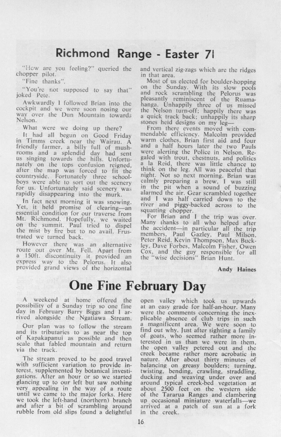 Scanned journal page 1 of 2: Richmond Range - Easter 71
