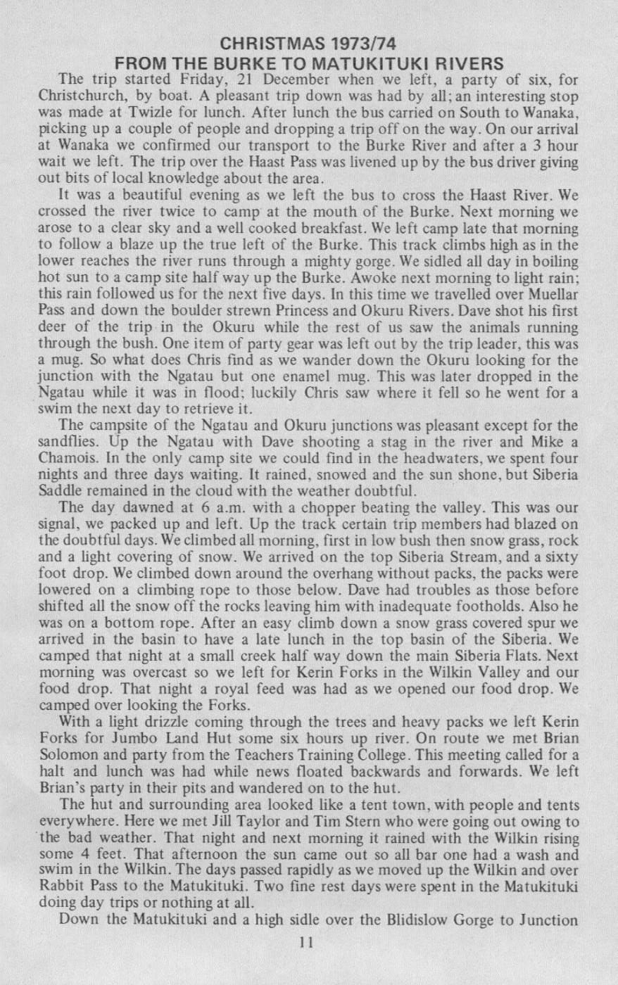 Scanned journal page 1 of 2: Christmas 1973/74 - From the Burke to Matukituki Rivers