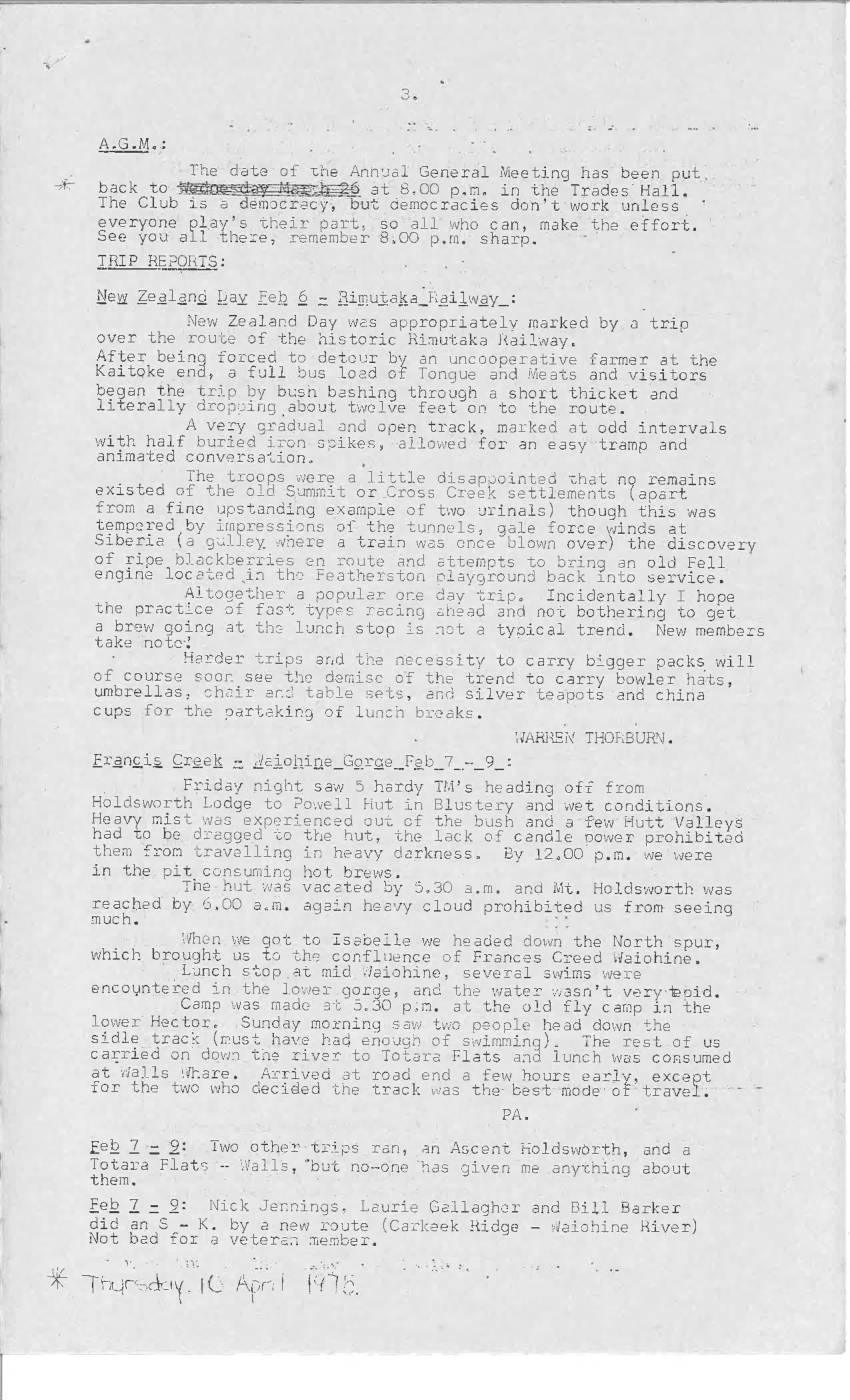 Scanned journal page 1 of 2: Francis Creek – Waiohine Gorge Feb 7-9
