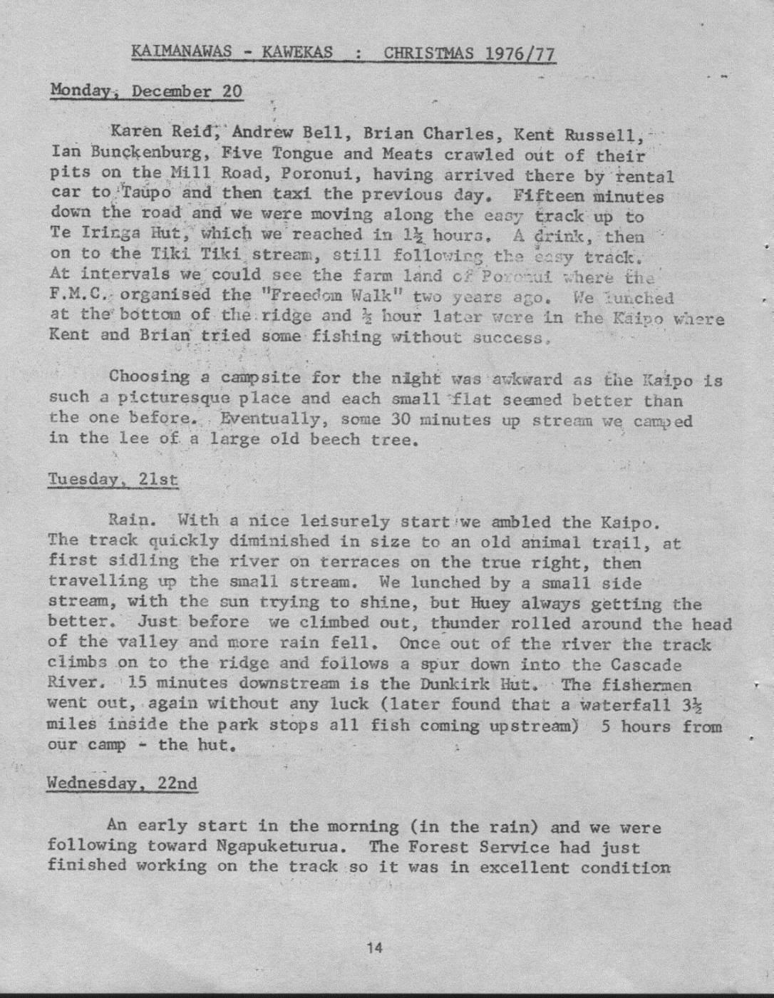 Scanned journal page 1 of 4: Kaimanawas - Kawekas: Christmas 1976/77