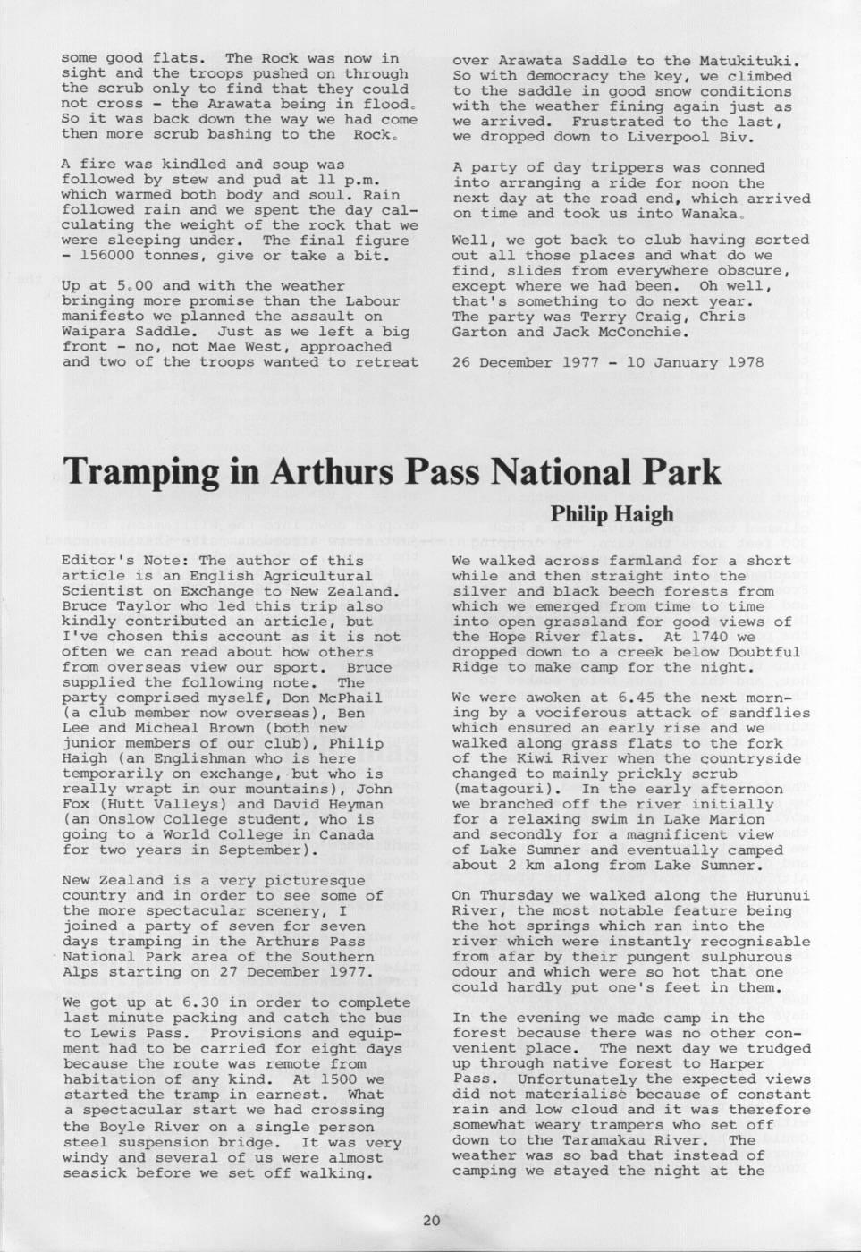 Scanned journal page 1 of 4: Tramping in Arthurs Pass National Park