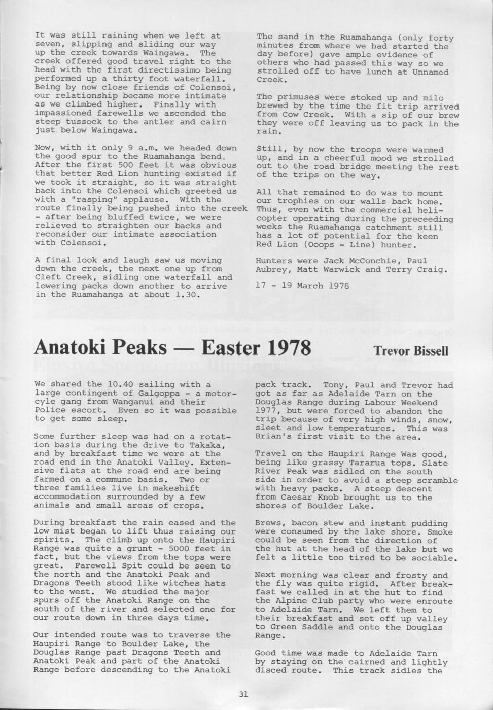 Scanned journal page 1 of 3: Anatoki Peaks - Easter 1978