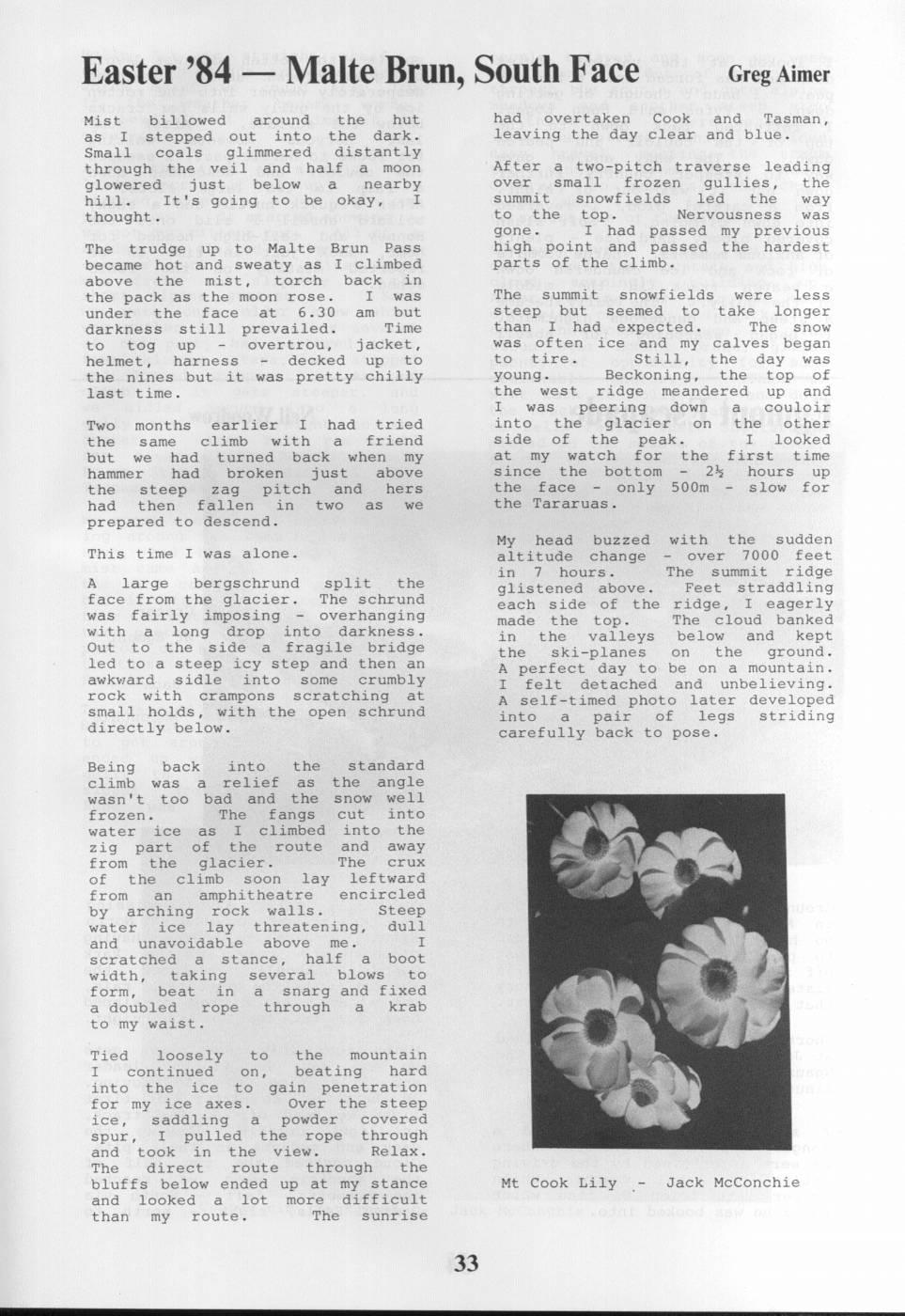 Scanned journal page 1 of 2: Easter '84 - Malte Brun, South Face