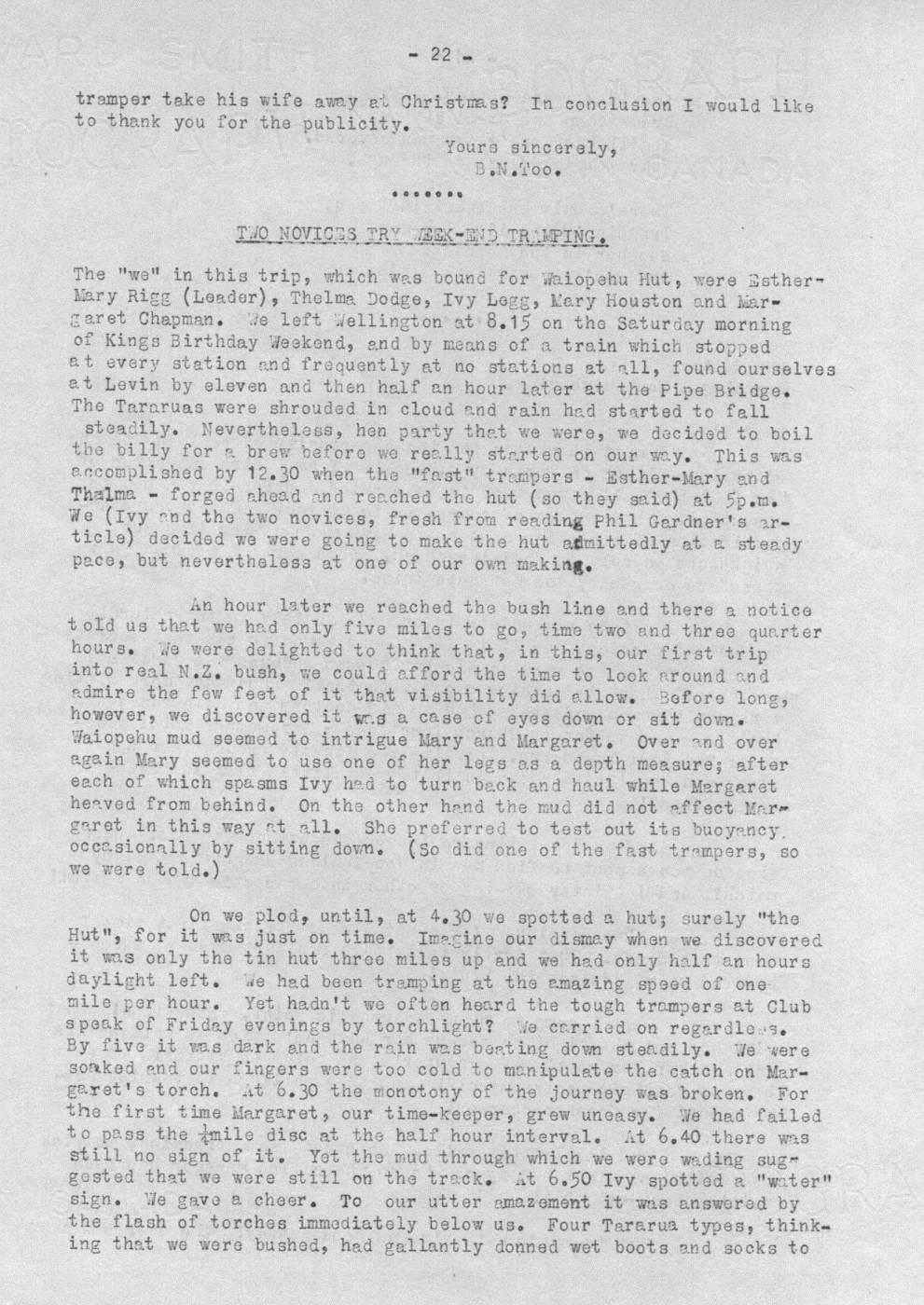 Scanned journal page 1 of 2: Two Novices Try Week-end Tramping