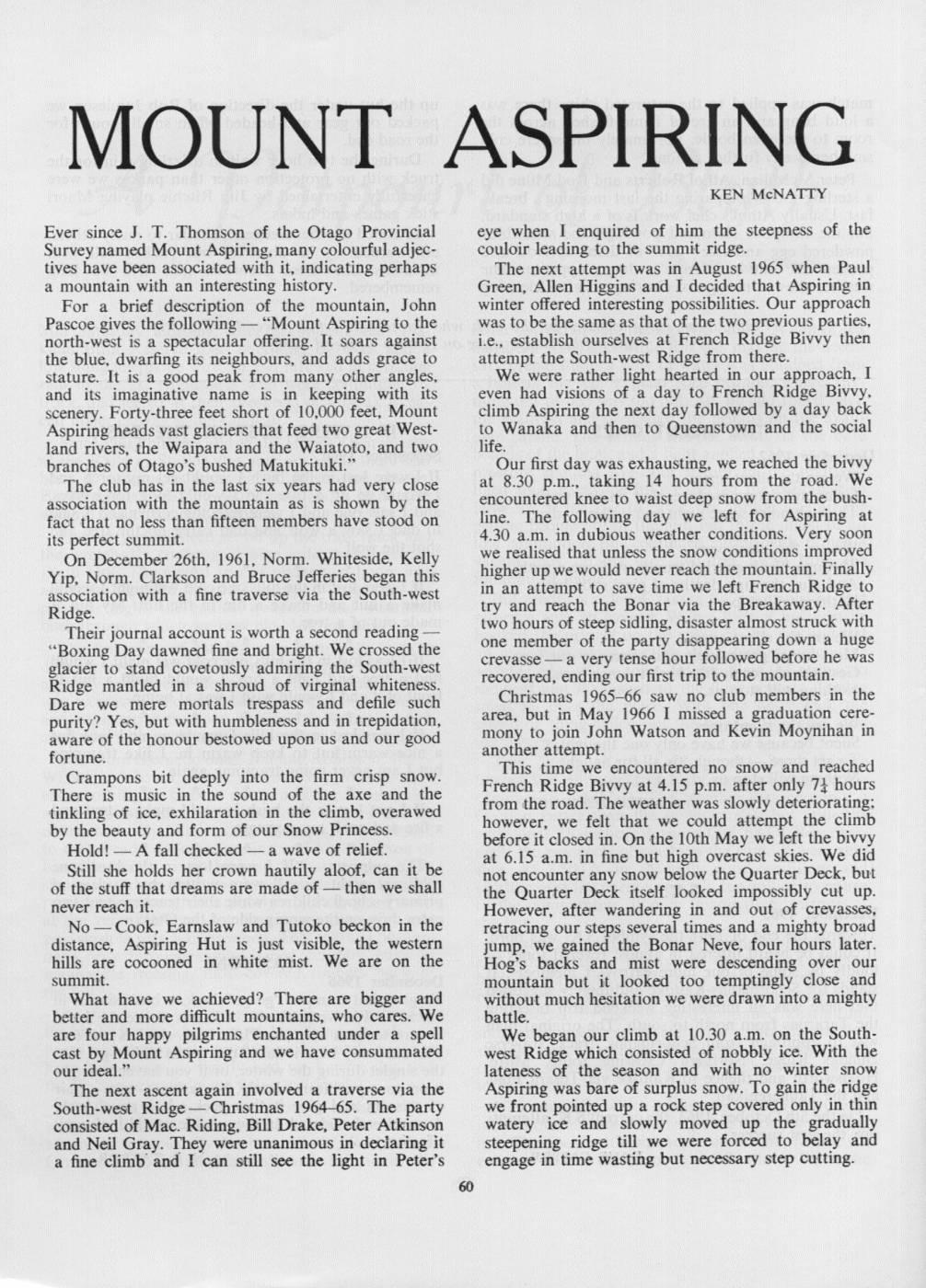 Scanned journal page 1 of 2: Mount Aspiring