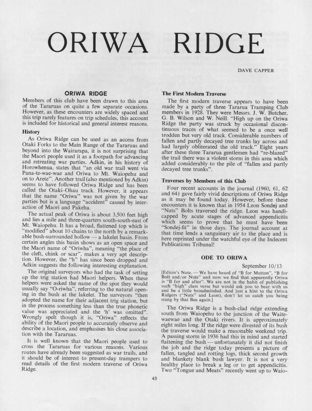 Scanned journal page 1 of 3: Oriwa Ridge: The First Modern Traverse