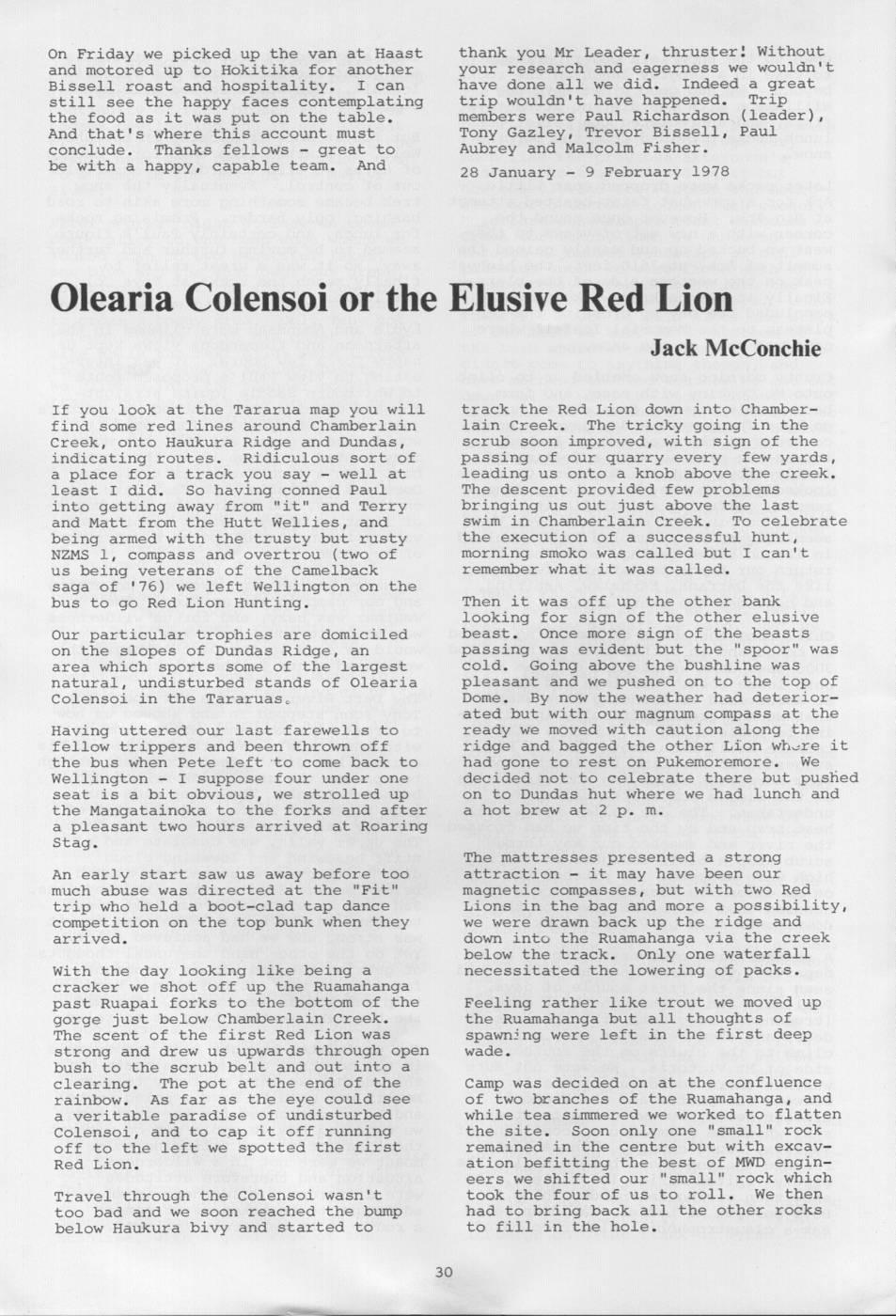 Scanned journal page 1 of 2: Olearia Colensoi or the Elusive Red Lion