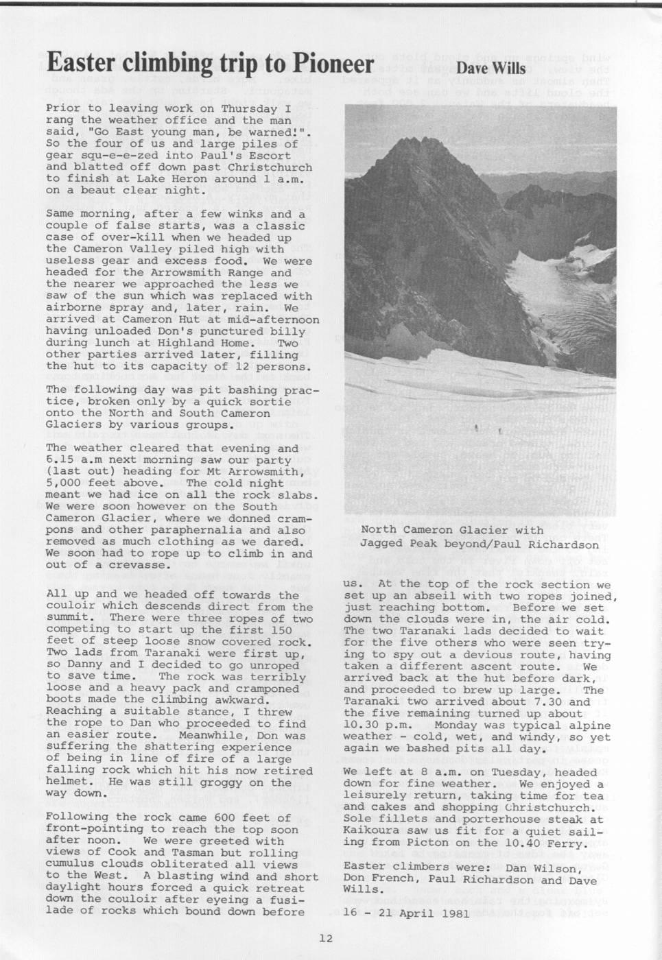 Scanned journal page 1 of 2: Easter climbing trip to Pioneer
