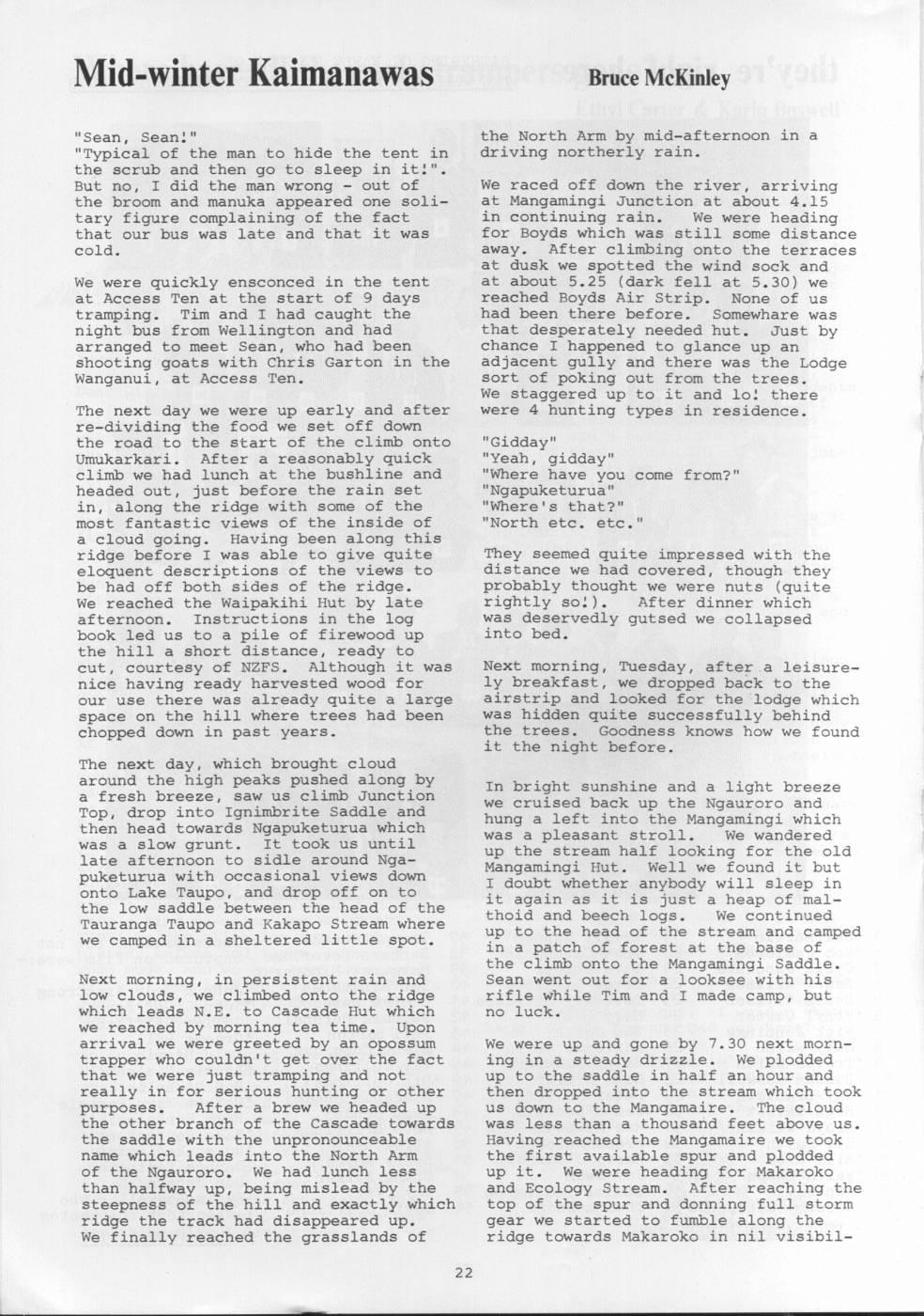 Scanned journal page 1 of 3: Mid-winter Kaimanawas