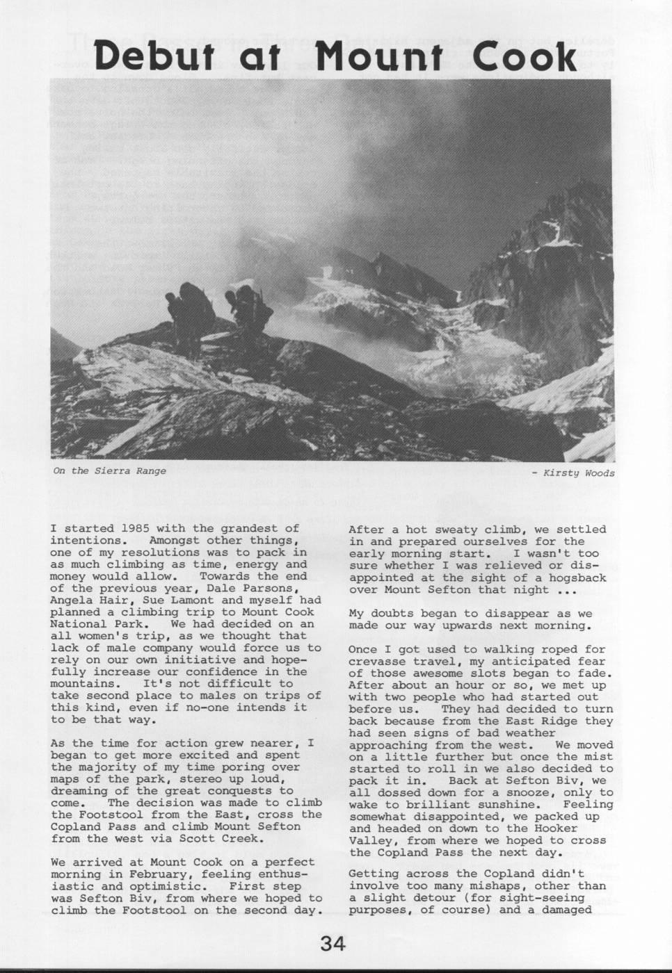 Scanned journal page 1 of 3: Debut at Mount Cook