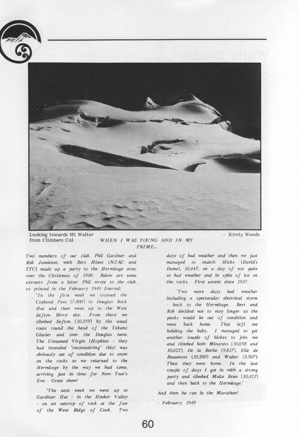 Scanned journal page 1 of 2: Climbers Col, Mt Cook (When I was young and in my prime)