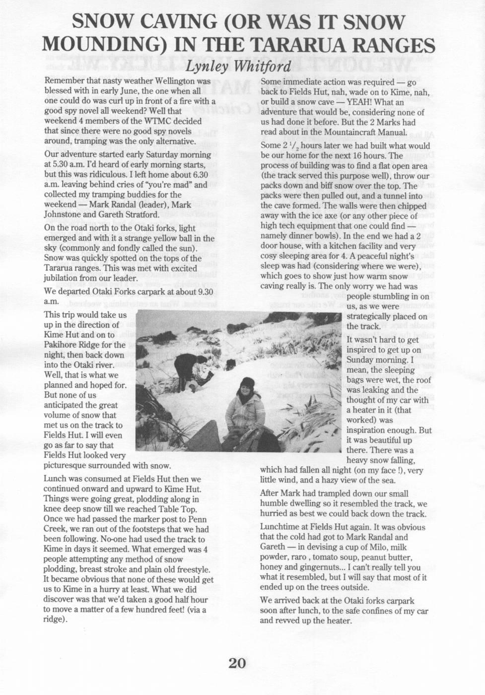 Scanned journal page 1 of 2: Snow Caving (or Was it Snow Mounding) in the Tararua Range