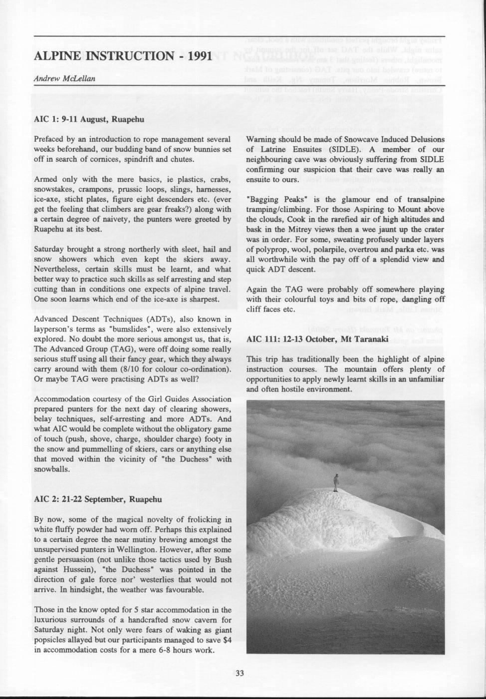 Scanned journal page 1 of 3: Alpine Instruction - 1991