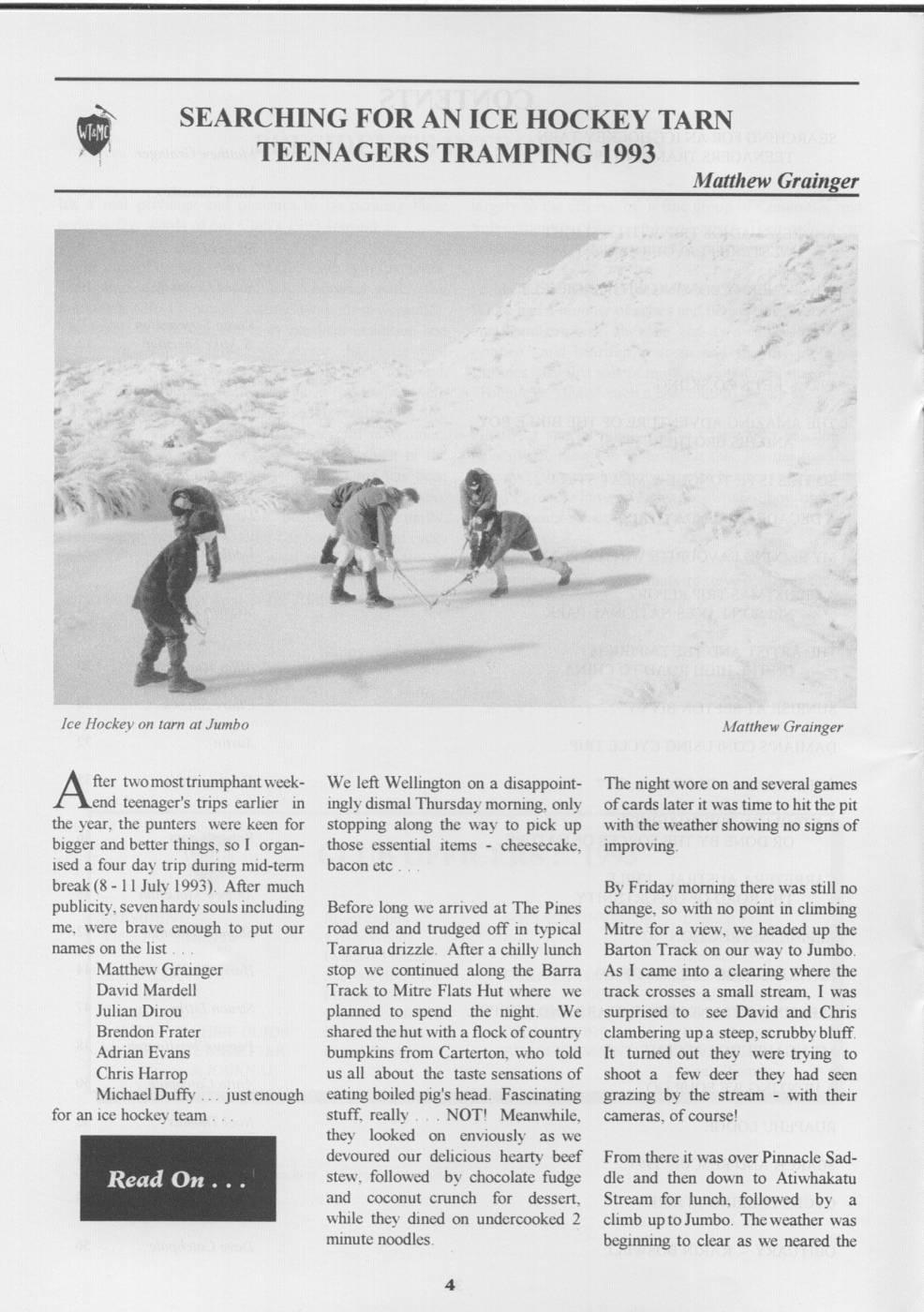 Scanned journal page 1 of 3: Searching for an Ice Hockey Tarn - Teenagers Tramping 1993
