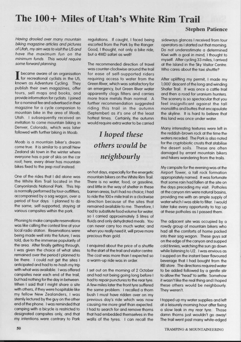 Scanned journal page 1 of 3: The 100+ Miles of Utah's White Rim Trail