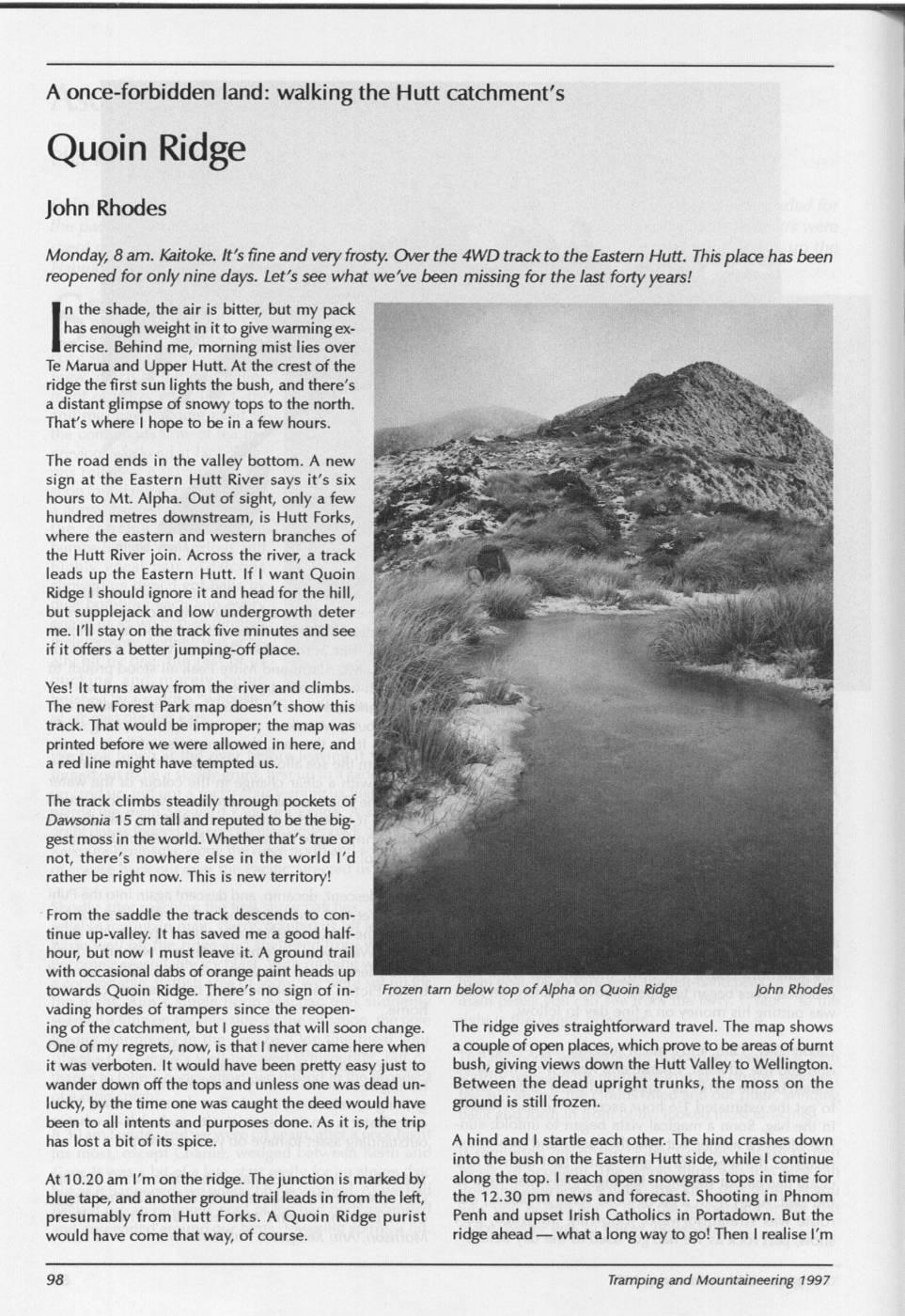 Scanned journal page 1 of 3: A once-forbidden land: walking the Hutt catchment's Quoin Ridge