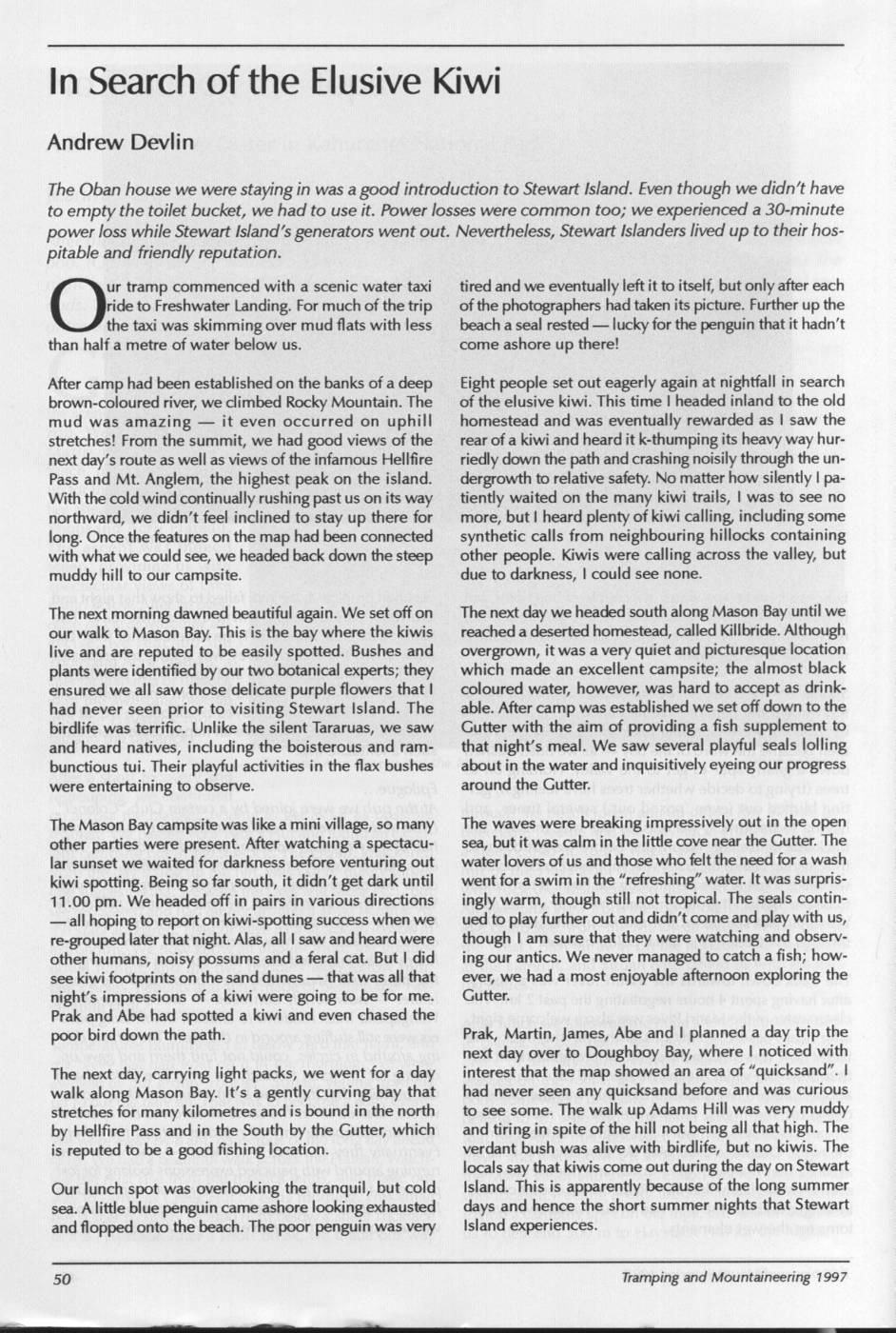 Scanned journal page 1 of 3: In Search of the Elusive Kiwi