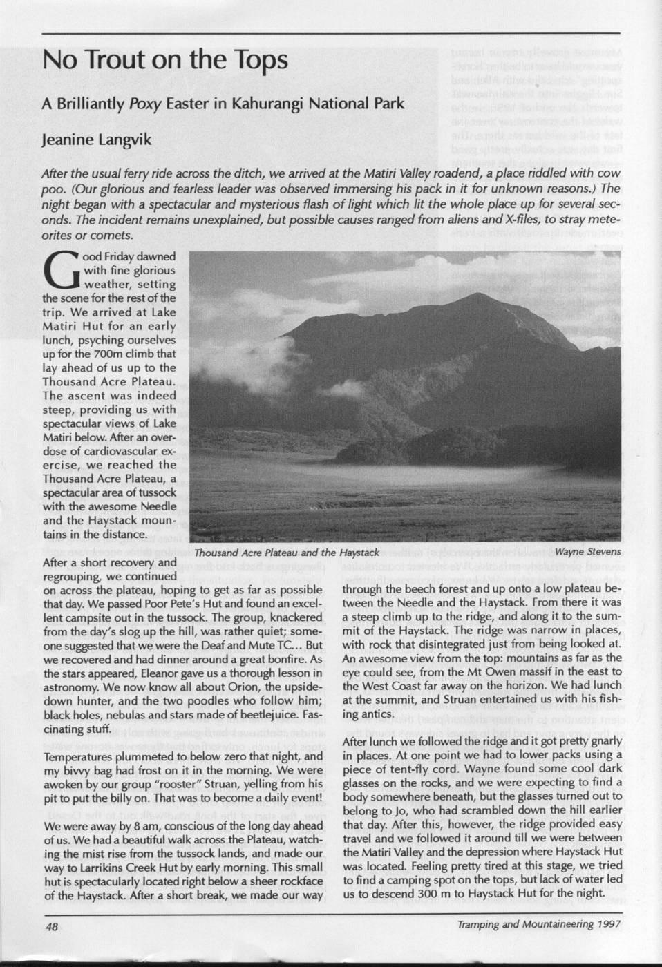 Scanned journal page 1 of 3: No Trout on the Tops - A Brilliantly Poxy Easter in Kahurangi National Park