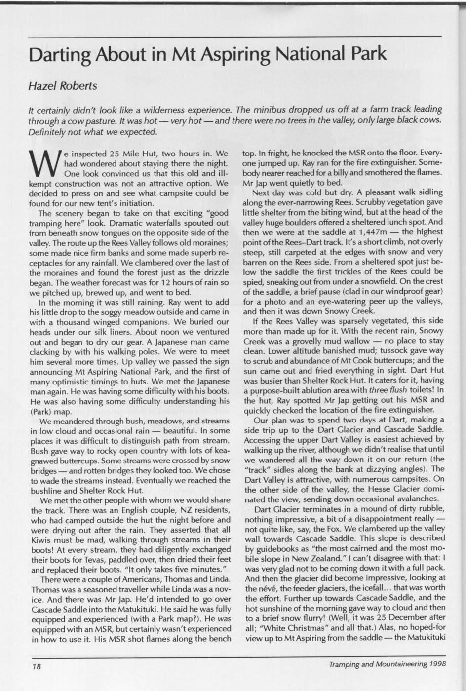 Scanned journal page 1 of 3: Darting About in Mt Aspiring National Park