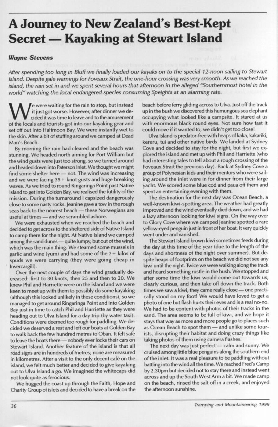 Scanned journal page 1 of 3: A Journey to New Zealand's Best-Kept Secret - Kayaking at Stewart Island