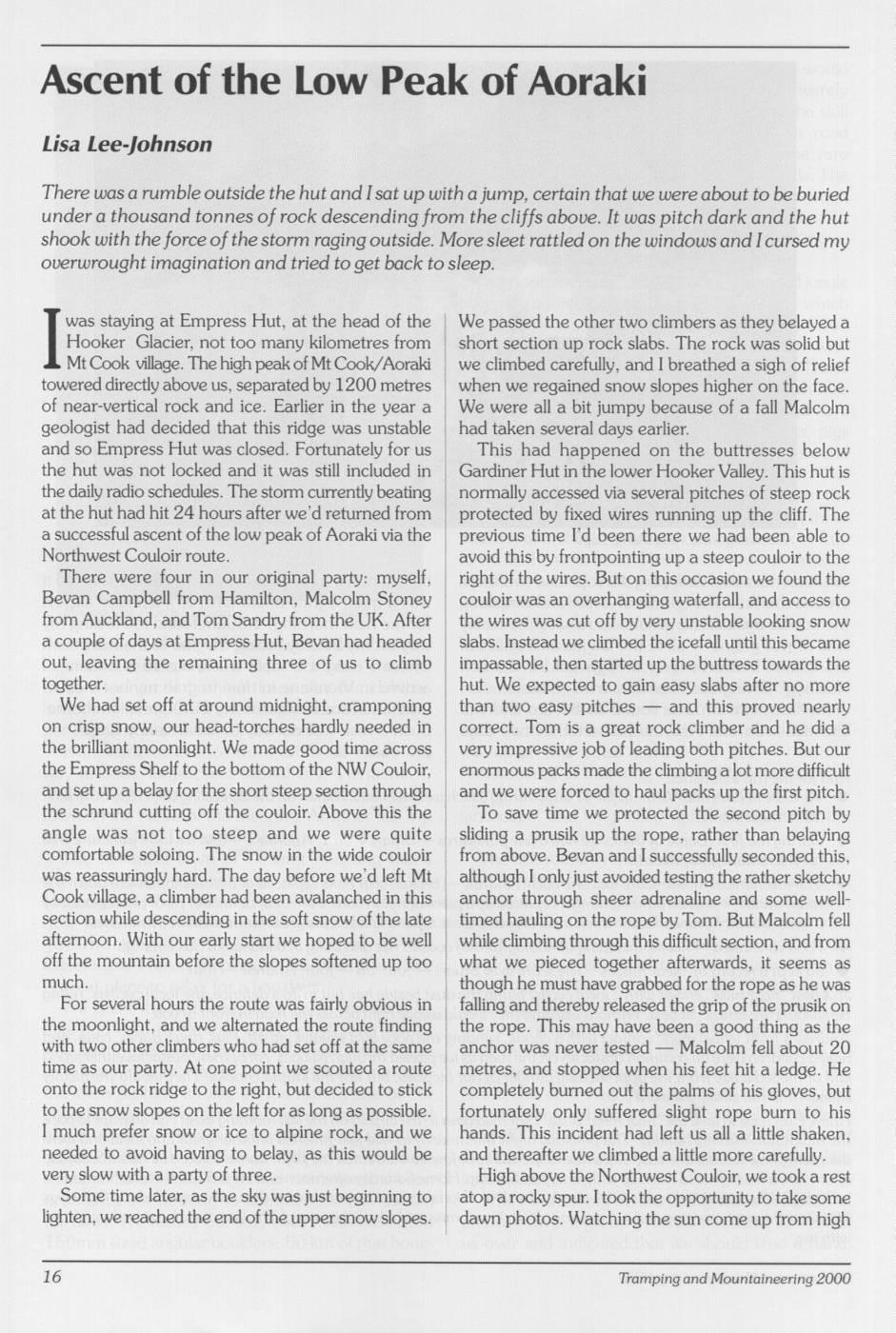 Scanned journal page 1 of 3: Ascent of the Low Peak of Aoraki